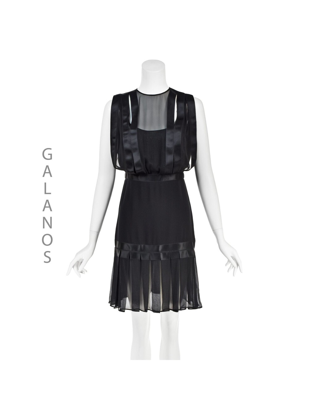 JAMES GALANOS Vintage Black Silk Chiffon Caged Bodice Pleated Cocktail Dress LBD